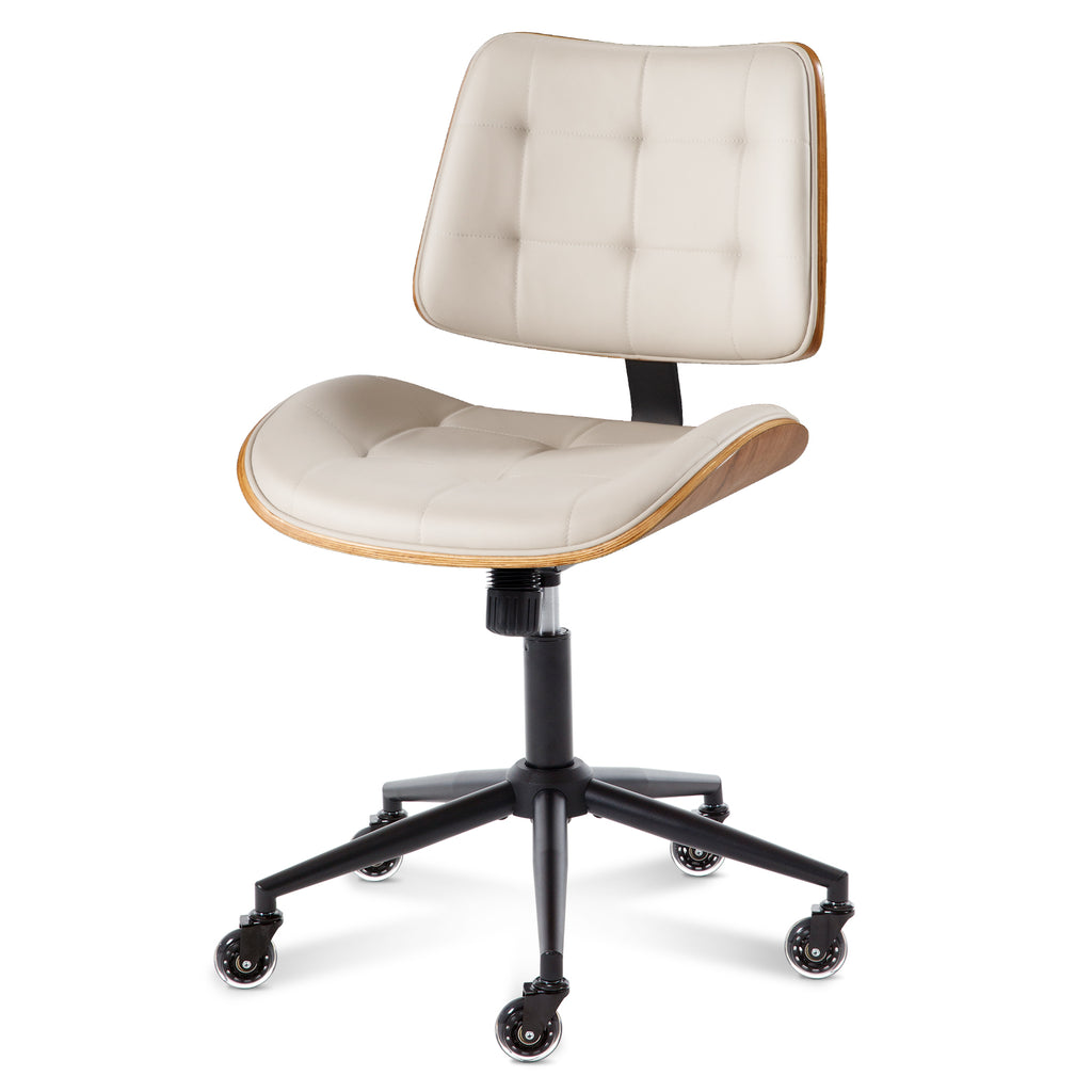 Home Office Desk Chair with Rubber Wheels, Armless Bentwood, Beige | Adjustable Height Armless Office Chair, PU Leather Mid Back 360°Small Computer Chair, No Arms Walnut Seating, 300LBS Support