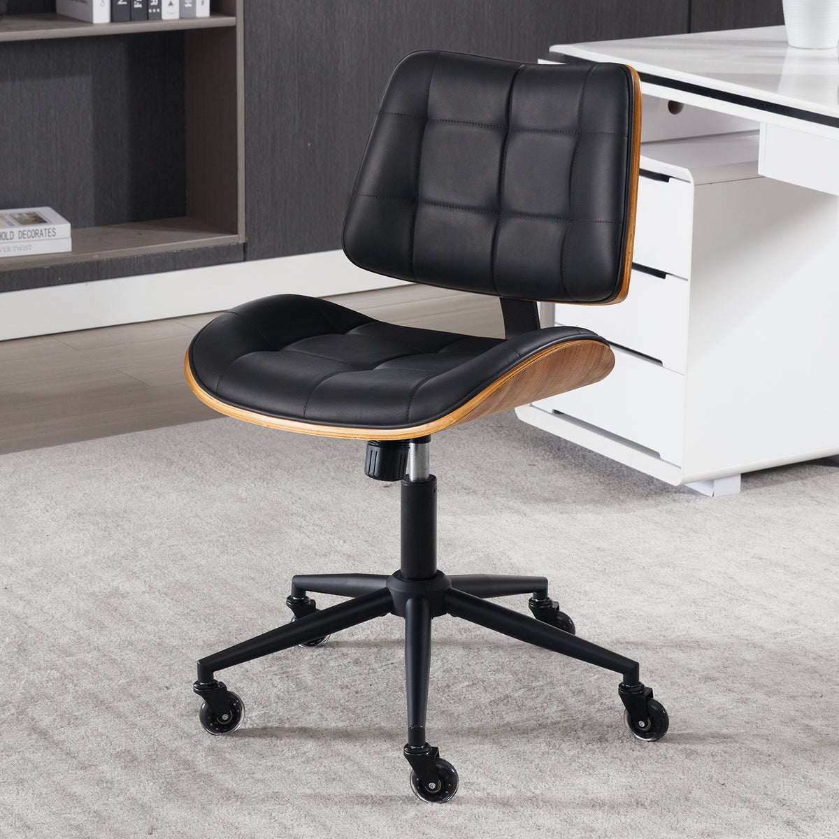 Home Office Desk Chair with Rubber Wheels, Armless Bentwood, Beige | Adjustable Height Armless Office Chair, PU Leather Mid Back 360°Small Computer Chair, No Arms Walnut Seating, 300LBS Support