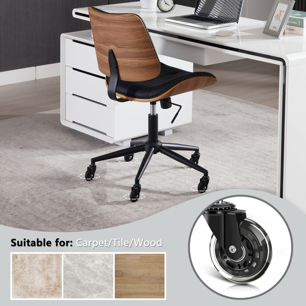 Home Office Desk Chair with Rubber Wheels, Armless Bentwood, Beige | Adjustable Height Armless Office Chair, PU Leather Mid Back 360°Small Computer Chair, No Arms Walnut Seating, 300LBS Support