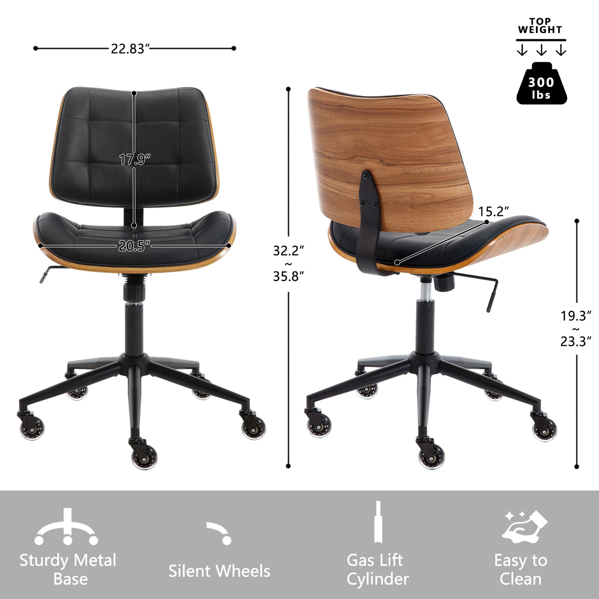 Home Office Desk Chair with Rubber Wheels, Armless Bentwood, Beige | Adjustable Height Armless Office Chair, PU Leather Mid Back 360°Small Computer Chair, No Arms Walnut Seating, 300LBS Support