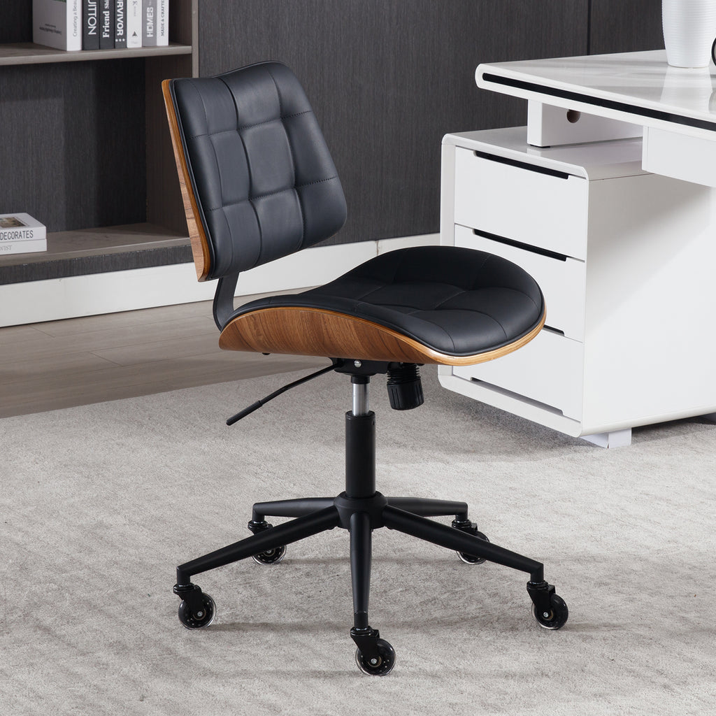Home Office Desk Chair with Rubber Wheels, Armless Bentwood, Beige | Adjustable Height Armless Office Chair, PU Leather Mid Back 360°Small Computer Chair, No Arms Walnut Seating, 300LBS Support