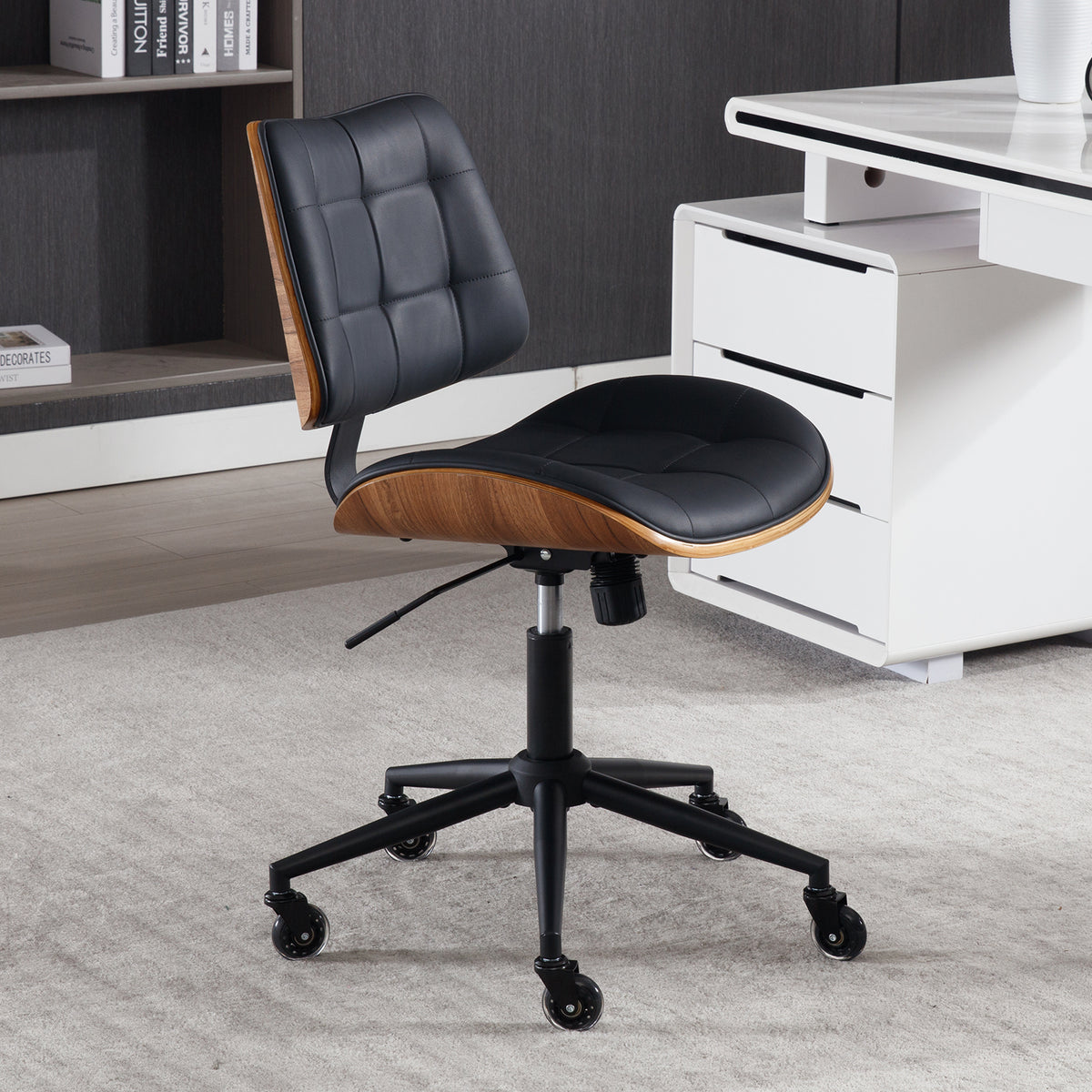 Home Office Desk Chair with Rubber Wheels, Armless Bentwood, Beige | Adjustable Height Armless Office Chair, PU Leather Mid Back 360°Small Computer Chair, No Arms Walnut Seating, 300LBS Support