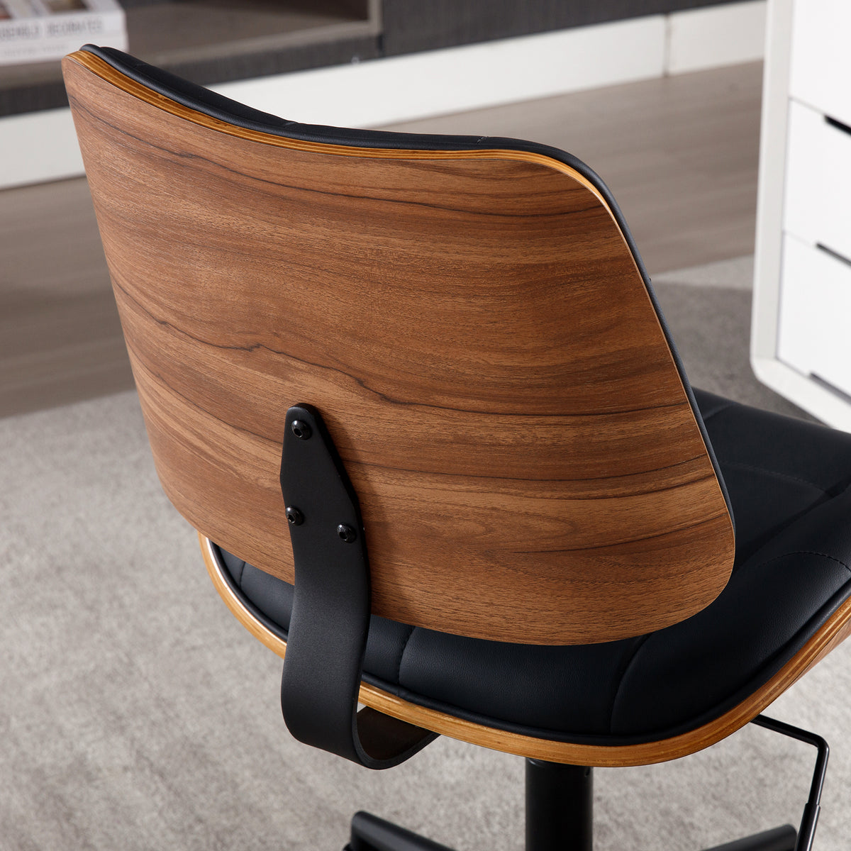 Home Office Desk Chair with Rubber Wheels, Armless Bentwood, Beige | Adjustable Height Armless Office Chair, PU Leather Mid Back 360°Small Computer Chair, No Arms Walnut Seating, 300LBS Support