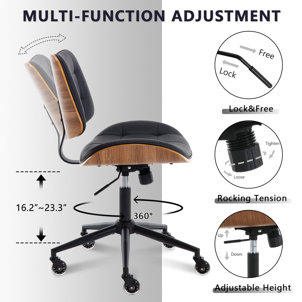 Home Office Desk Chair with Rubber Wheels, Armless Bentwood, Beige | Adjustable Height Armless Office Chair, PU Leather Mid Back 360°Small Computer Chair, No Arms Walnut Seating, 300LBS Support