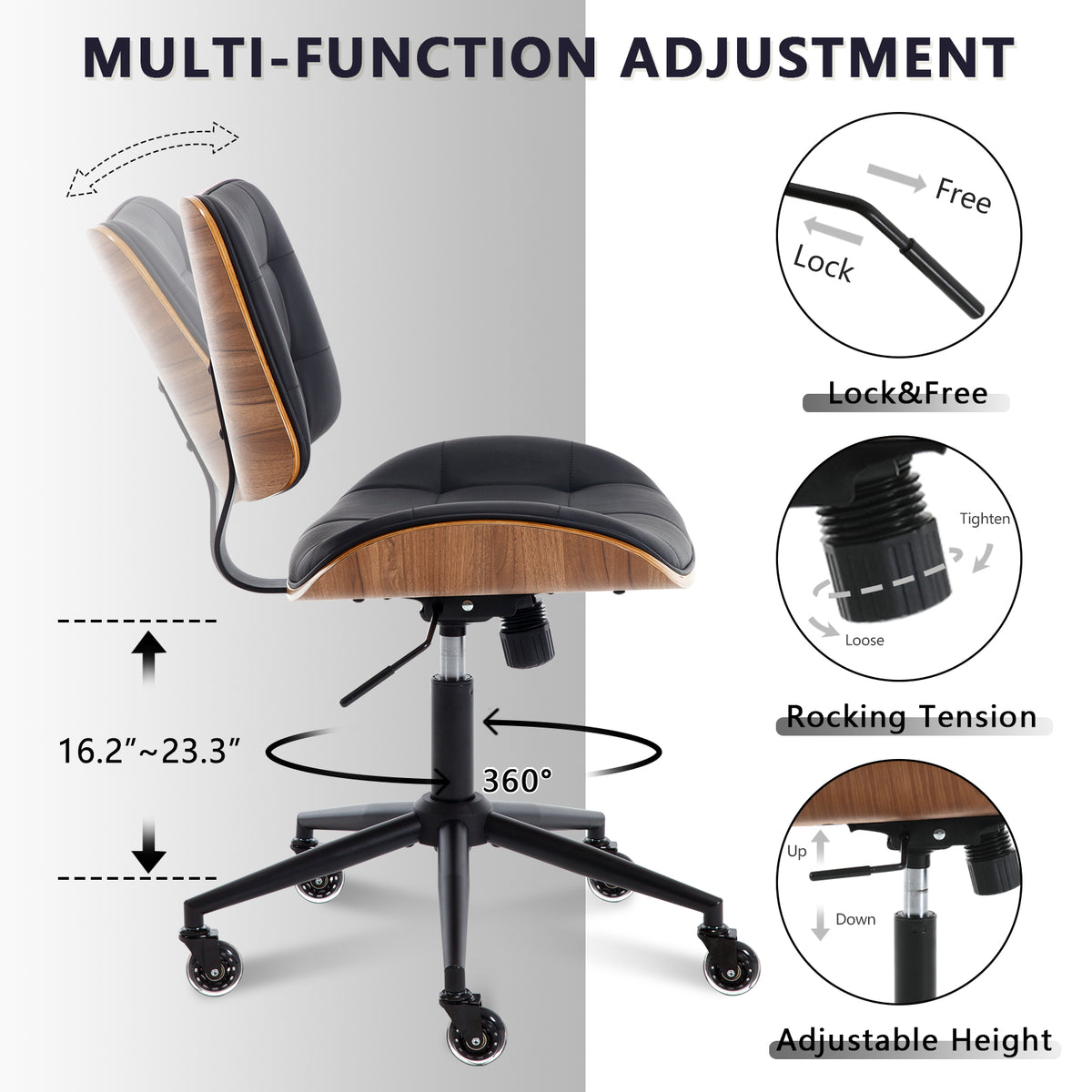 Home Office Desk Chair with Rubber Wheels, Armless Bentwood, Beige | Adjustable Height Armless Office Chair, PU Leather Mid Back 360°Small Computer Chair, No Arms Walnut Seating, 300LBS Support