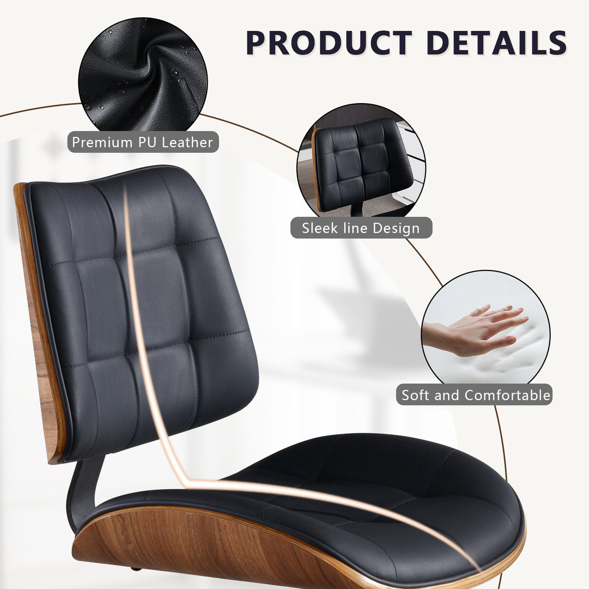 Home Office Desk Chair with Rubber Wheels, Armless Bentwood, Beige | Adjustable Height Armless Office Chair, PU Leather Mid Back 360°Small Computer Chair, No Arms Walnut Seating, 300LBS Support
