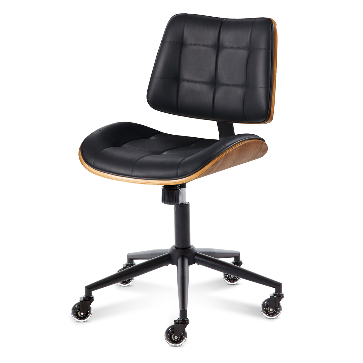 Home Office Desk Chair with Rubber Wheels, Armless Bentwood, Beige | Adjustable Height Armless Office Chair, PU Leather Mid Back 360°Small Computer Chair, No Arms Walnut Seating, 300LBS Support