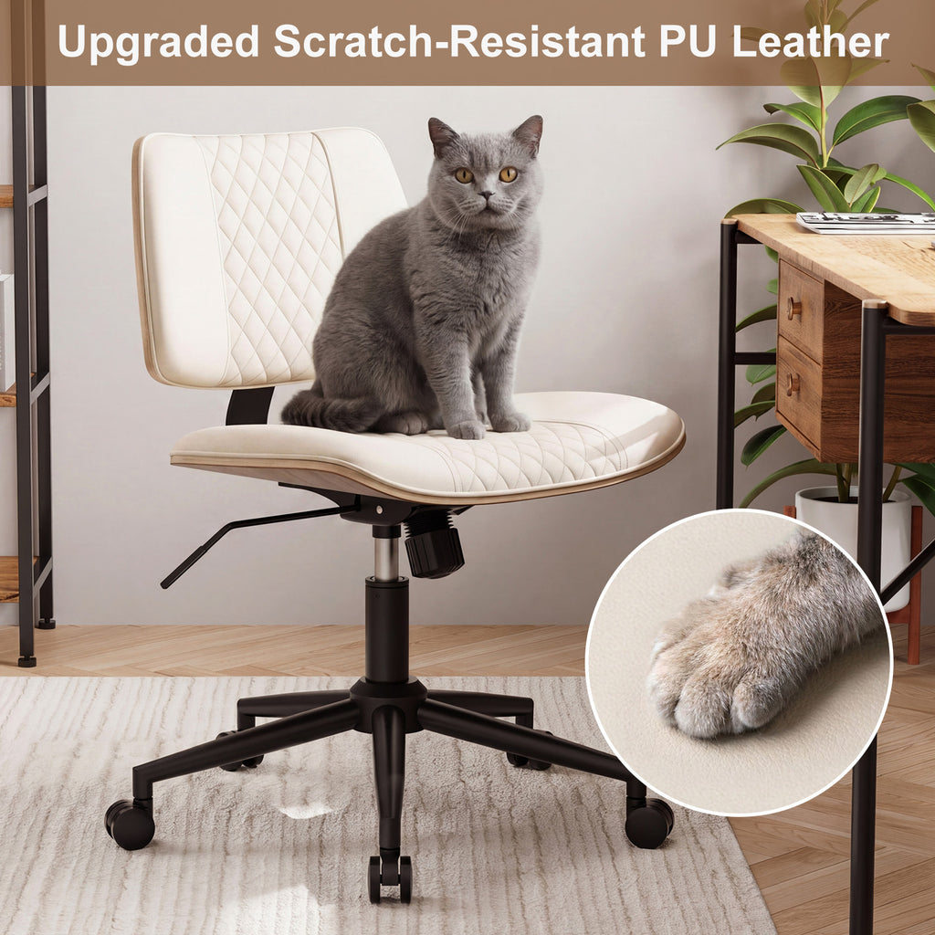 Home Office Chair No Arms with Wheels, Mid Back Walnut Style,Black-2 | Adjustable Height Small Desk Chair, PU Leather Mid Back 360 Swivel Computer Seating, Armless Walnut Office Chair, 300LBS