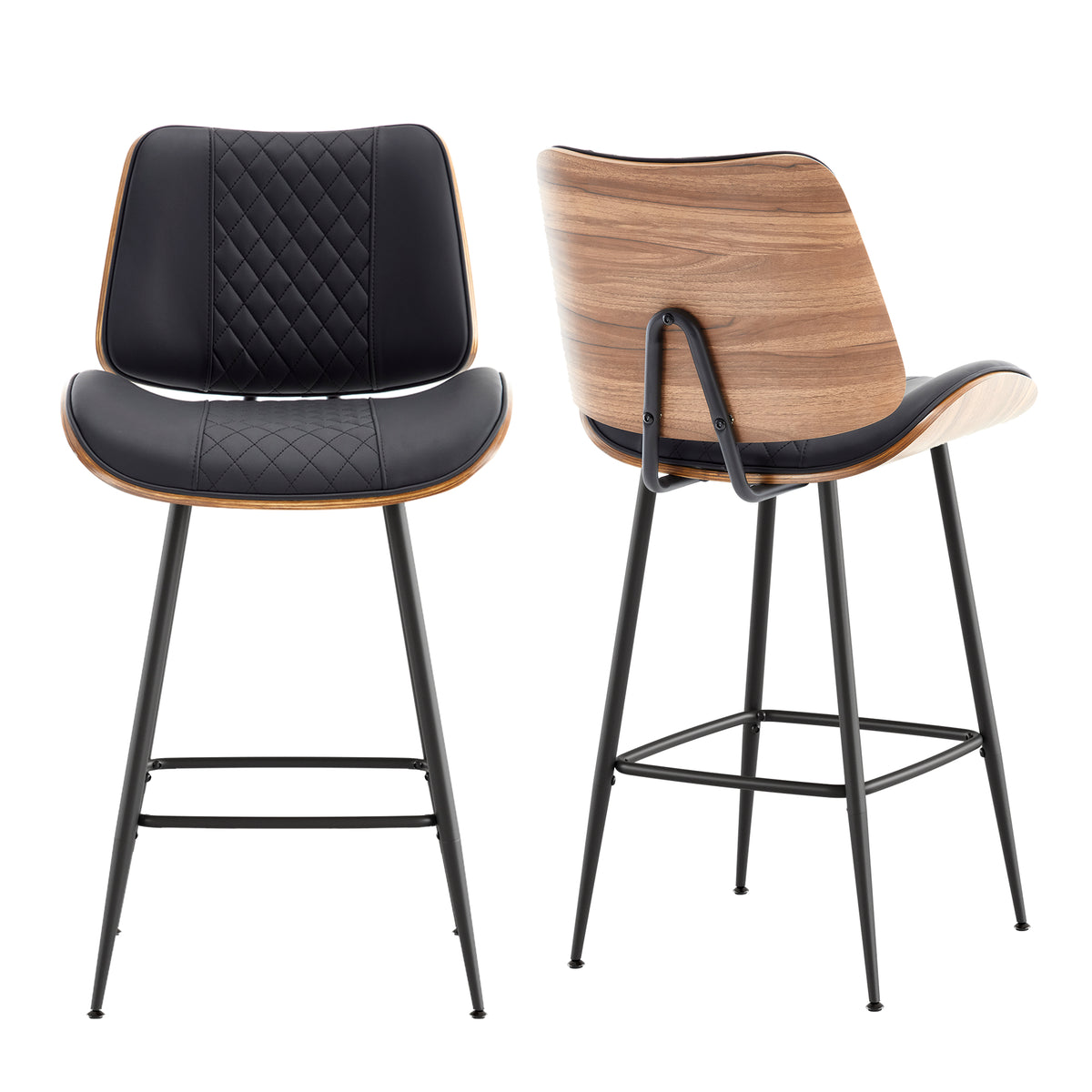 Counter Height Barstools Set of 2, 26.9" Bentwood Metal Legs, Black | Walnut Armless PU Leather Stools, Modern Pub, Home Counter, Kitchen Island & Cafe, Bentwood Walnut Look, 300LBS Easy Clean