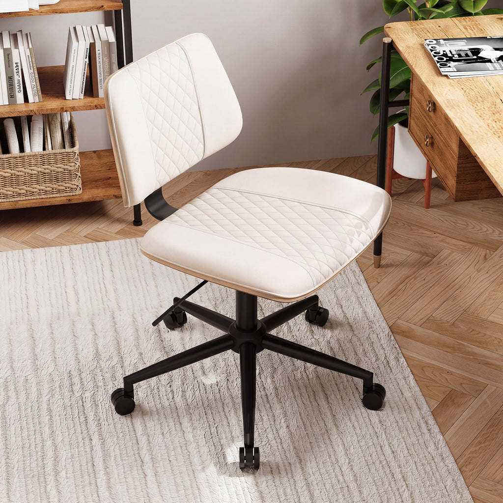 Home Office Chair No Arms with Wheels, Mid Back Walnut Style,Black-2 | Adjustable Height Small Desk Chair, PU Leather Mid Back 360 Swivel Computer Seating, Armless Walnut Office Chair, 300LBS