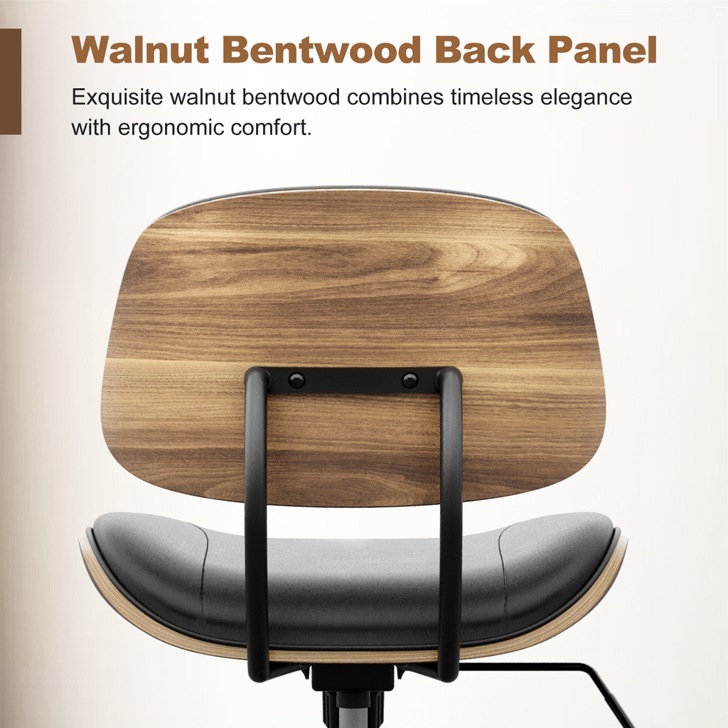 Armless Office Chair with Wheels, PU Leather Desk Chair, Black | Adjustable Height Task Chair, 360° Swivel Ergonomic Computer Chair for Small Space, Modern Walnut Style, Home & Meeting Room