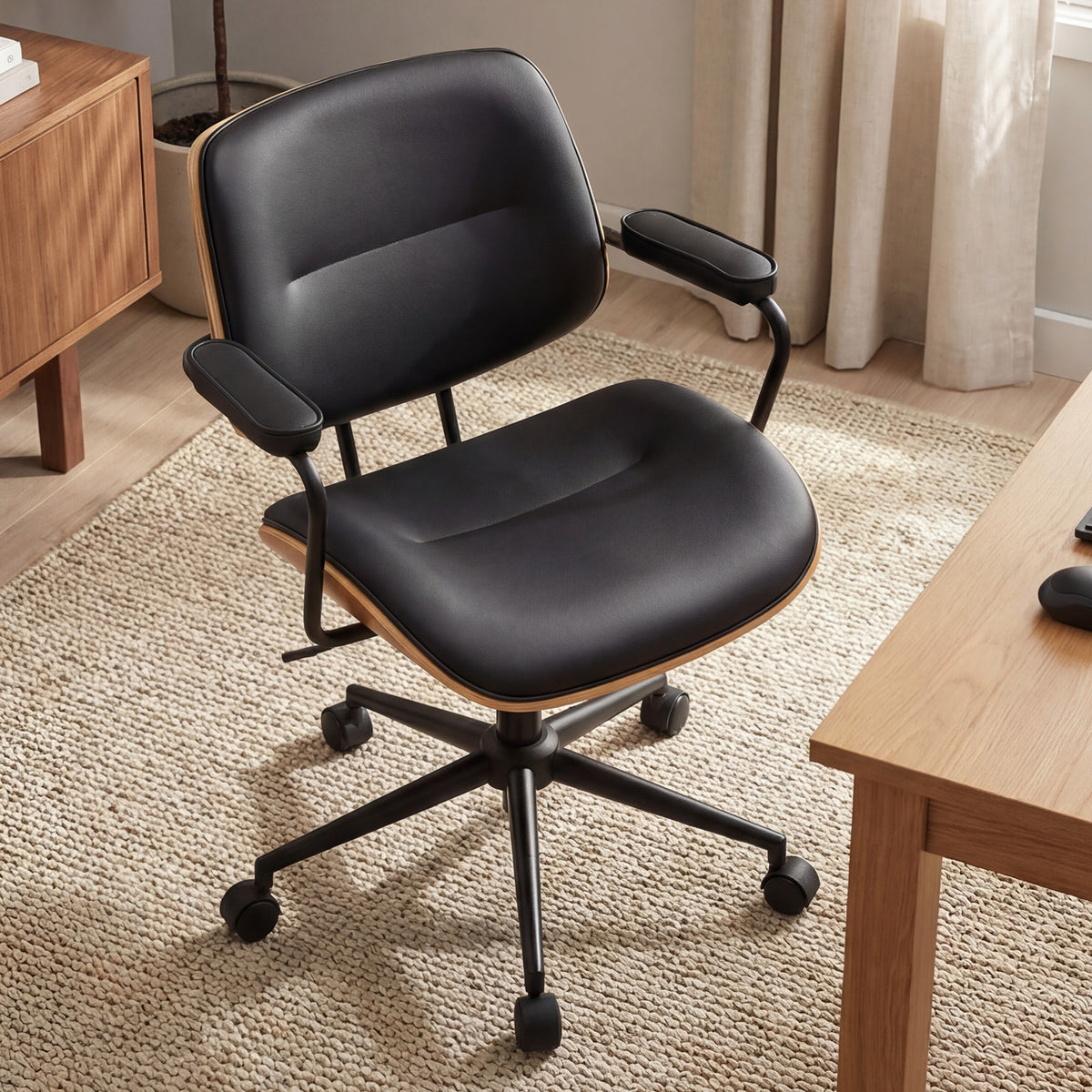 Mid Century Modern Office Chair with Armrest and Adjustable Backrest, Black | Wooden frame with armrests & adjustable backrest, swivel & height-adjustable, PU leather seat for home office comfort