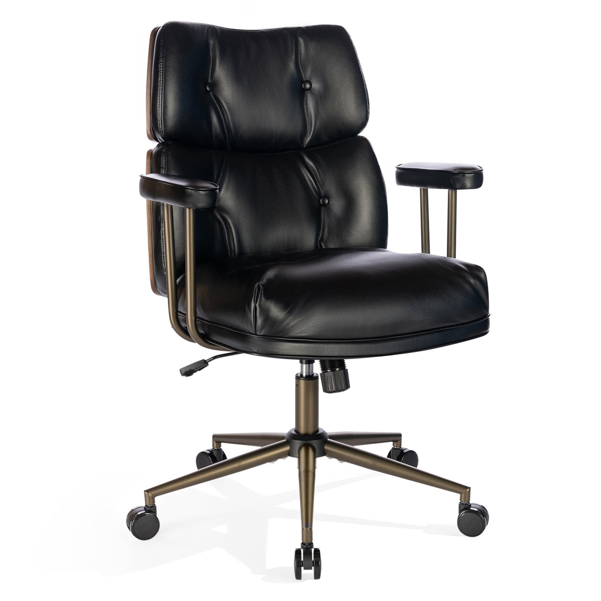 Mid-Century Modern Ergonomic Office Chair, Mid Back & Tufted, Black | Faux Leather Executive Desk Chair, Walnut Bentwood Frame, Tufted Design, Swivel Computer Chair for Home Office, 300LBS Cap