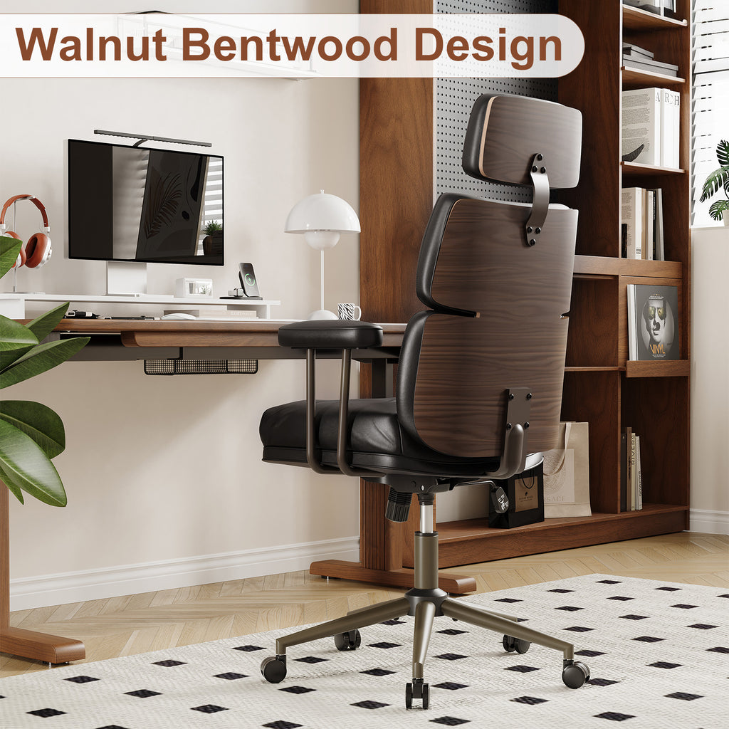 Mid-Century Modern Ergonomic Office Chair, High Back Headrest, Black | Faux Leather Executive Desk Chair, Walnut Bentwood & Adjustable Headrest, Swivel Computer Chair for Home Office, 300LBS Cap