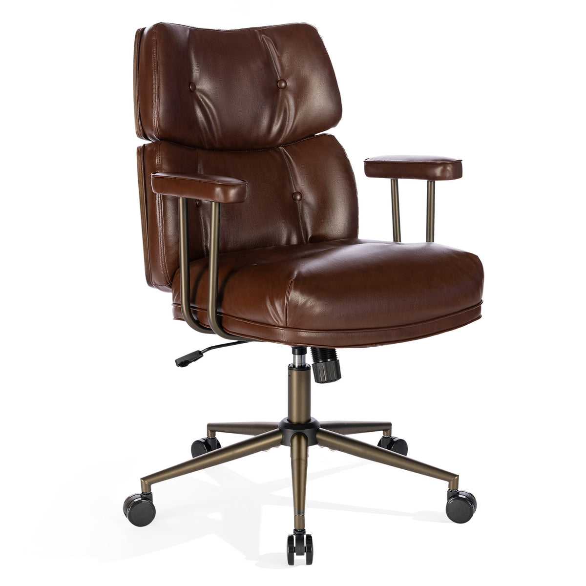 Mid-Century Modern Ergonomic Office Chair, Mid Back & Tufted, Black | Faux Leather Executive Desk Chair, Walnut Bentwood Frame, Tufted Design, Swivel Computer Chair for Home Office, 300LBS Cap