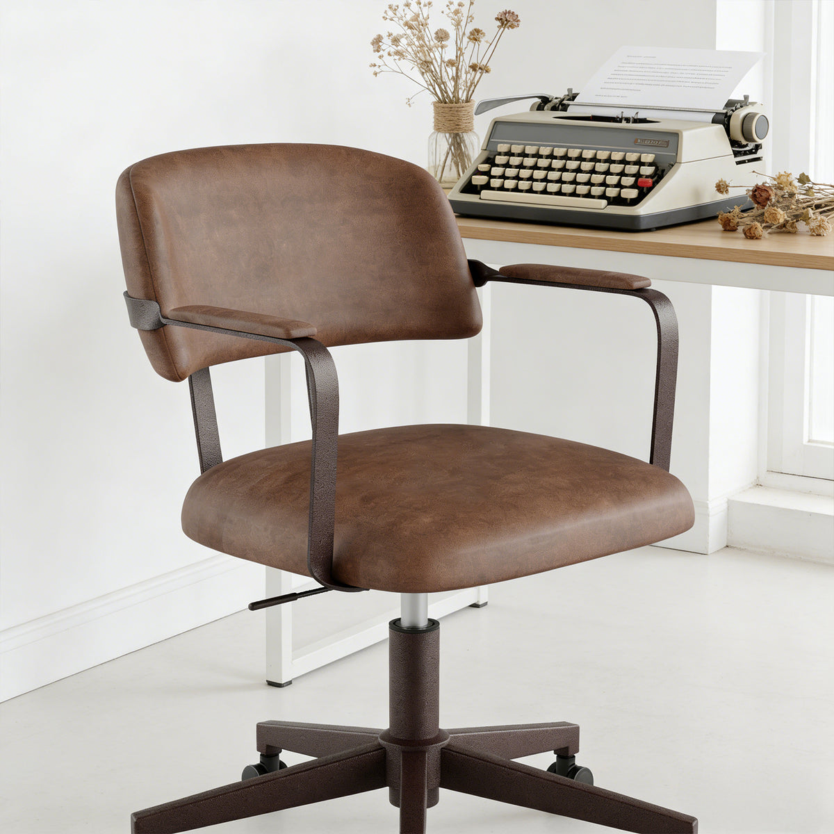 Quiet Small Modern Office Chair PU Leather Black | Padded Armrests, Curved Back Support, 360° Swivel, Height Adjustable, Quiet PU Wheels, Faux Leather, 300 lb Limit, Easy Clean
