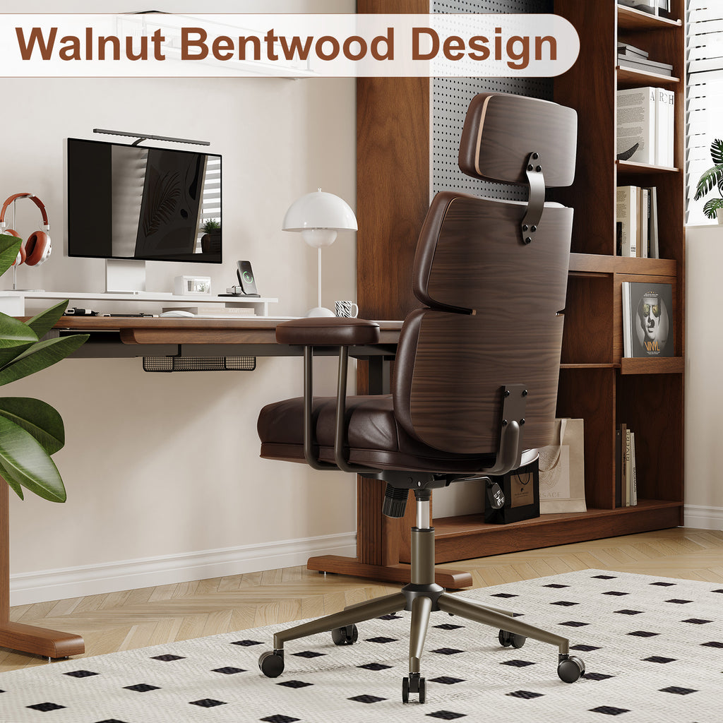 Mid-Century Modern Ergonomic Office Chair, High Back Headrest, Black | Faux Leather Executive Desk Chair, Walnut Bentwood & Adjustable Headrest, Swivel Computer Chair for Home Office, 300LBS Cap