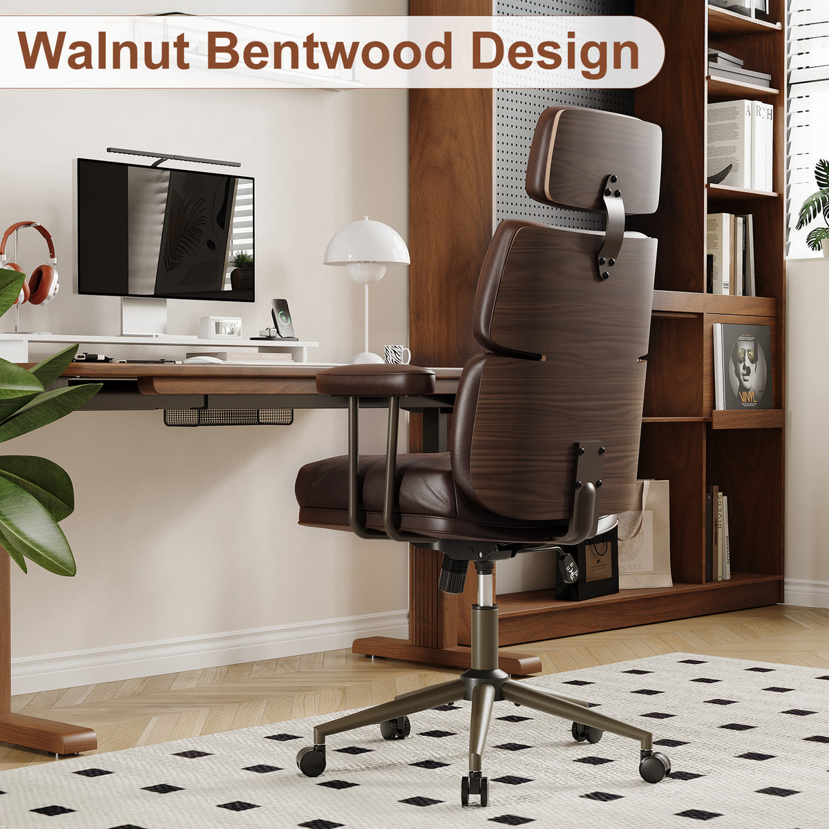Mid-Century Modern Ergonomic Office Chair, High Back Headrest, Black | Faux Leather Executive Desk Chair, Walnut Bentwood & Adjustable Headrest, Swivel Computer Chair for Home Office, 300LBS Cap