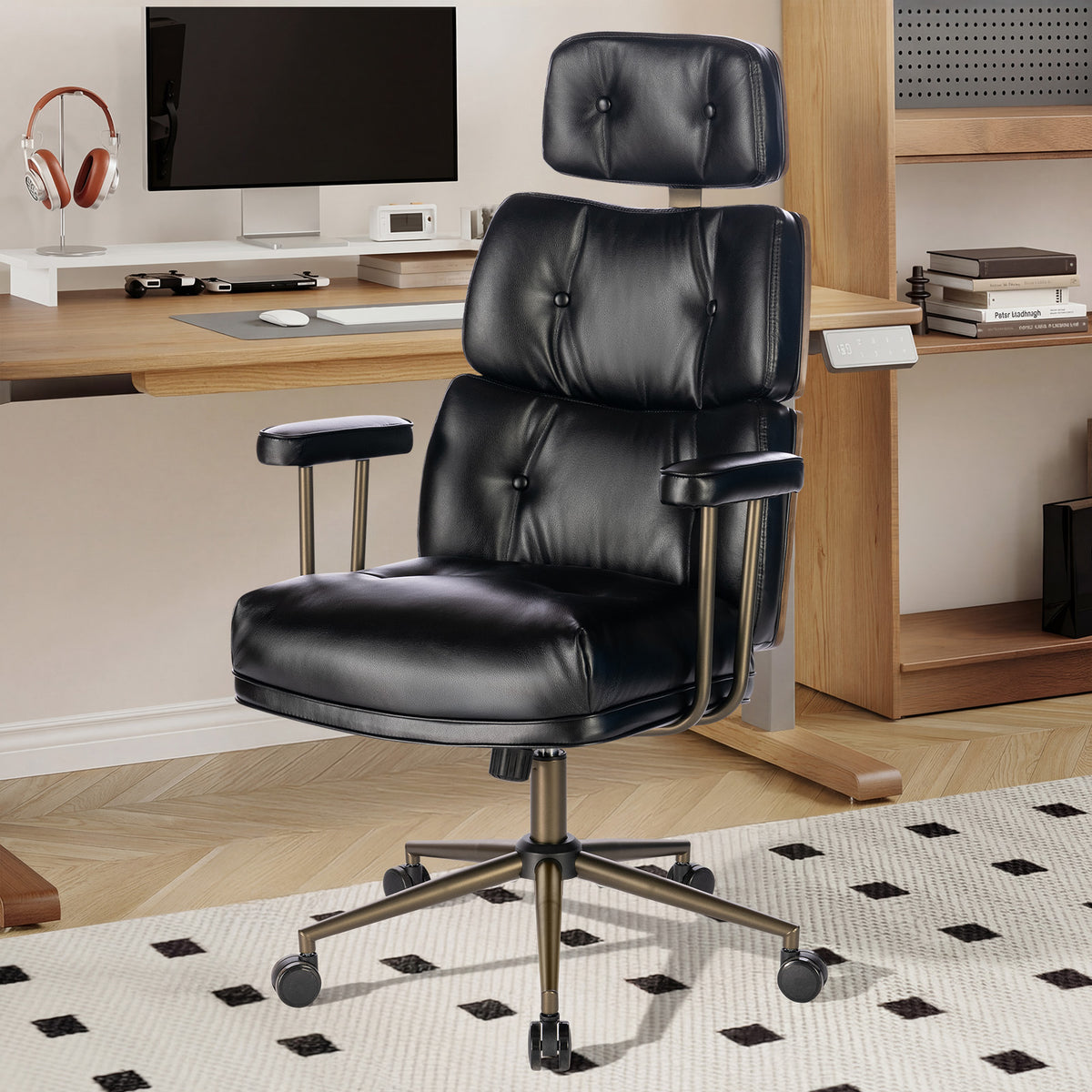 Mid-Century Modern Ergonomic Office Chair, High Back Headrest, Black | Faux Leather Executive Desk Chair, Walnut Bentwood & Adjustable Headrest, Swivel Computer Chair for Home Office, 300LBS Cap