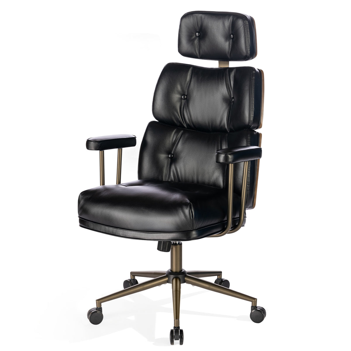 Mid-Century Modern Ergonomic Office Chair, High Back Headrest, Black | Faux Leather Executive Desk Chair, Walnut Bentwood & Adjustable Headrest, Swivel Computer Chair for Home Office, 300LBS Cap