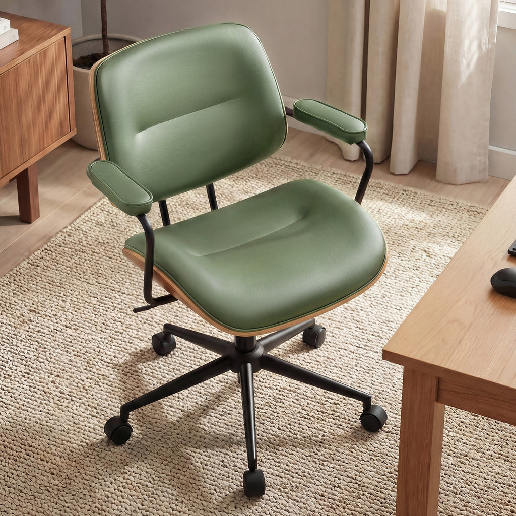 Mid Century Modern Office Chair with Armrest and Adjustable Backrest, Black | Wooden frame with armrests & adjustable backrest, swivel & height-adjustable, PU leather seat for home office comfort