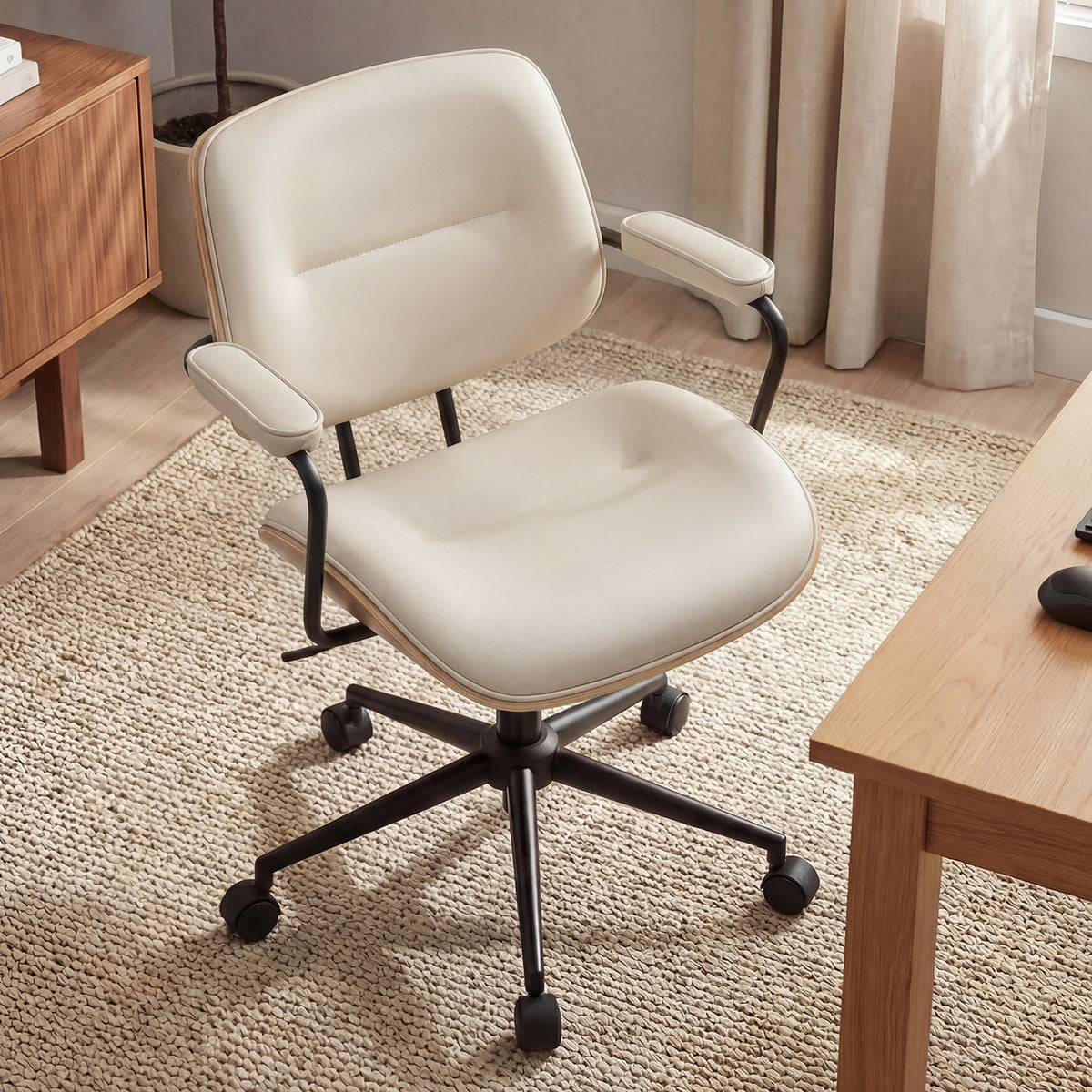 Mid Century Modern Office Chair with Armrest and Adjustable Backrest, Black | Wooden frame with armrests & adjustable backrest, swivel & height-adjustable, PU leather seat for home office comfort