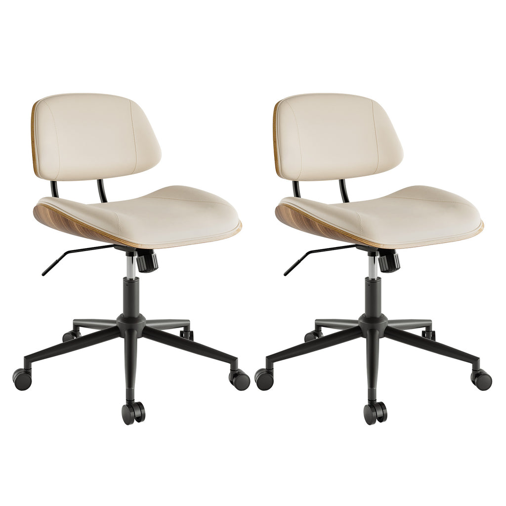 Armless Office Chair with Wheels, PU Leather Desk Chair, Black | Adjustable Height Task Chair, 360° Swivel Ergonomic Computer Chair for Small Space, Modern Walnut Style, Home & Meeting Room