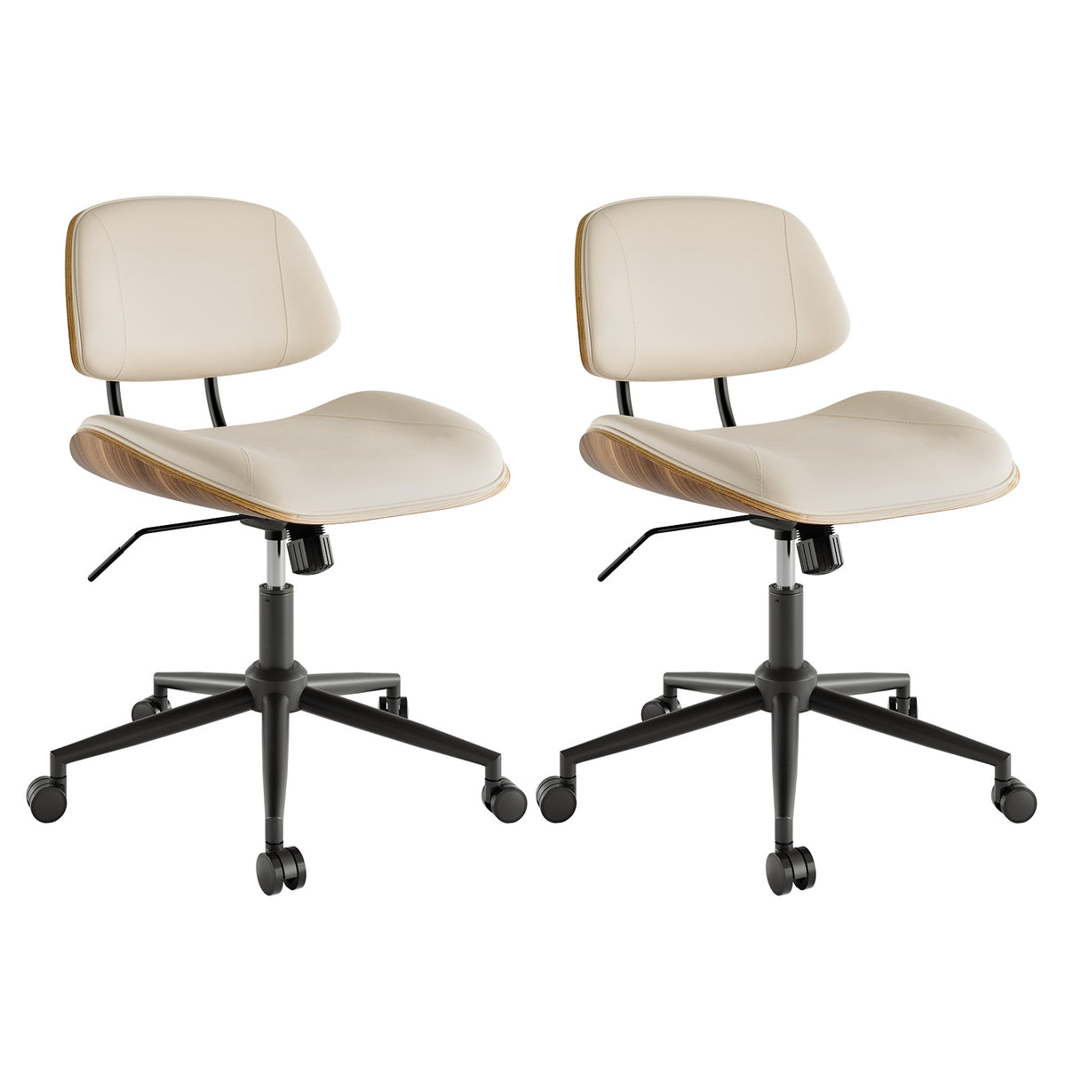 Armless Office Chair with Wheels, PU Leather Desk Chair, Black | Adjustable Height Task Chair, 360° Swivel Ergonomic Computer Chair for Small Space, Modern Walnut Style, Home & Meeting Room