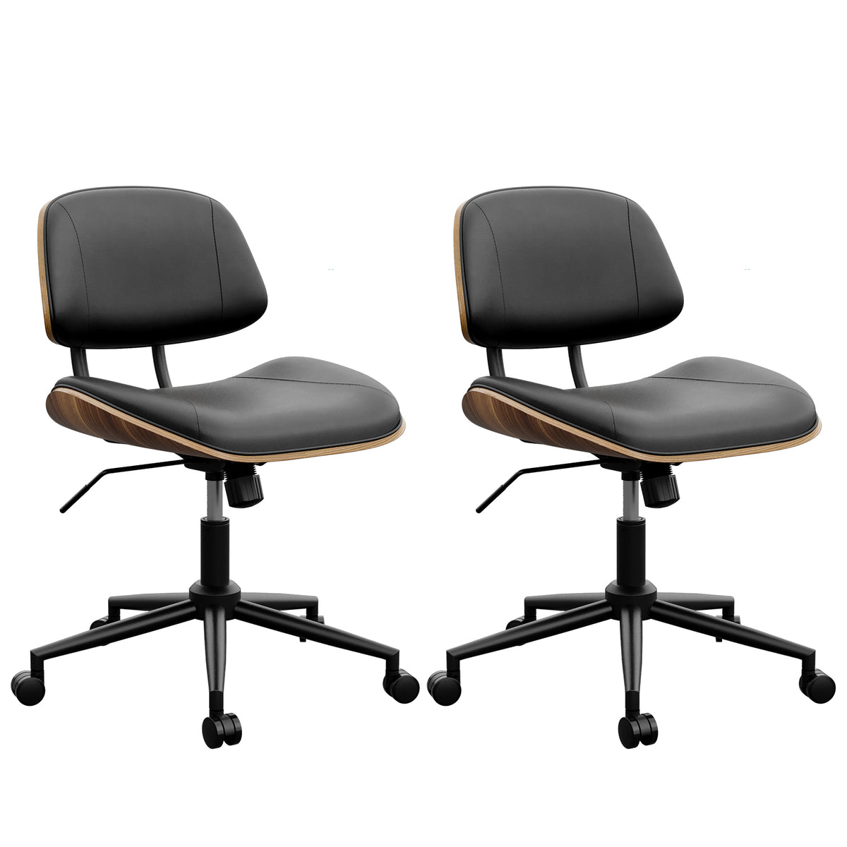 Armless Office Chair with Wheels, PU Leather Desk Chair, Black | Adjustable Height Task Chair, 360° Swivel Ergonomic Computer Chair for Small Space, Modern Walnut Style, Home & Meeting Room