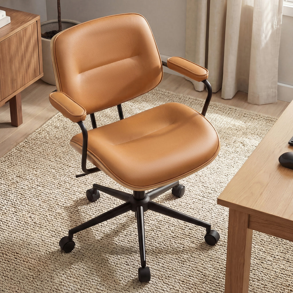 Mid Century Modern Office Chair with Armrest and Adjustable Backrest, Black | Wooden frame with armrests & adjustable backrest, swivel & height-adjustable, PU leather seat for home office comfort